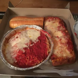 Chicken Parmigana with Spegehtti and Two slices of Scililian Pizza  By Mello 10.02.16