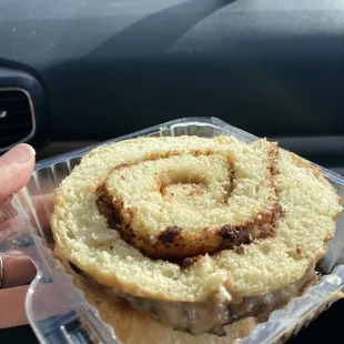 Brat patty on a maple cinnamon roll