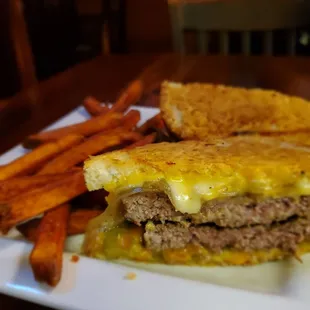 a cheeseburger and fries