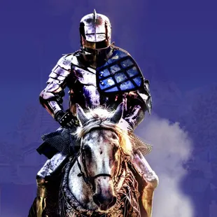 A knight riding a horse in full armor.
