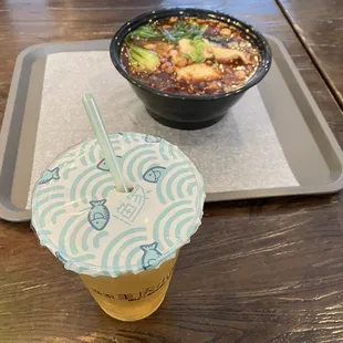 Iced Jasmine Green Tea And The Hot And Sour Glass Noodle Soup With Braised Tofu