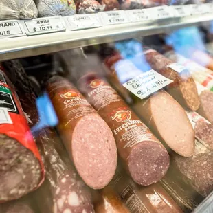 a variety of sausages on display