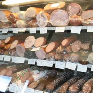 a variety of sausages on display
