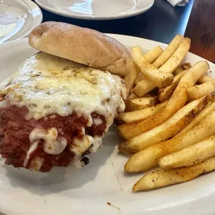 Chicken parm sandwich and fries.