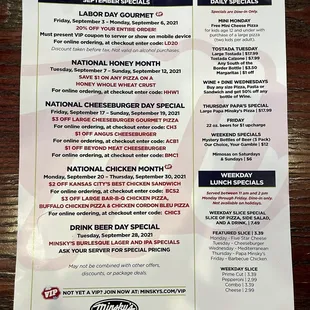 Monthly, Daily and Weekday Specials