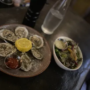 Oysters with fresh horseradish shaved on top and a house salad