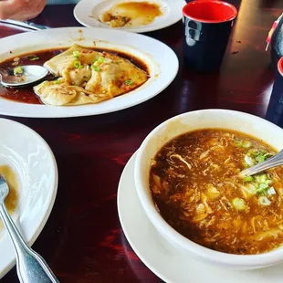 Hot and sour soup and wonton appetizer