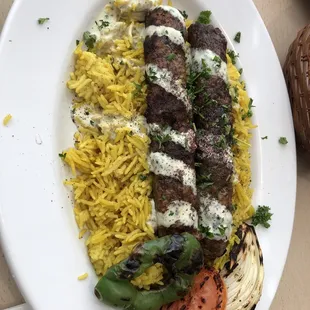 14. Lamb Kabob Platter with yellow rice