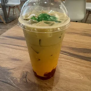 Matcha and strawberry with green grass jelly
