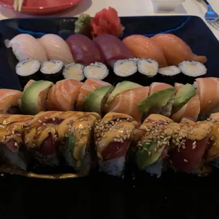 Front to back: Red Dragon roll; Sunkissed roll; white tuna roll; yellowtail, tuna, &amp; salmon nigiri