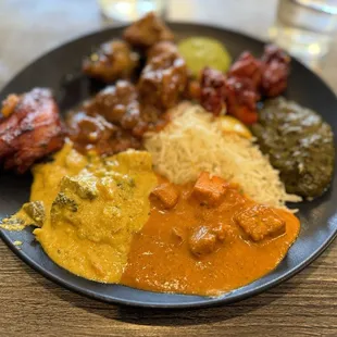 First plate... saag, paneer masala, mutton curry, tandoori and chili chicken