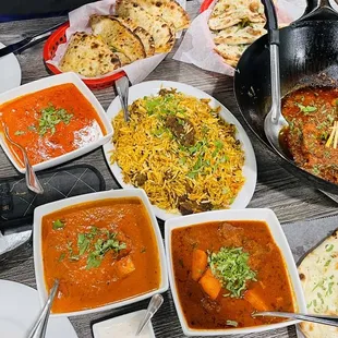 Lamb Seekh Kabab, Paneer Tikka Masala, Lamb Vindaloo, Butter Chicken, Mint Lamb Karahi Special, Cheese Naan and Garlic Naan