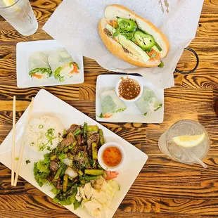 Tofu Rolls with a peanut sauce appraiser, along with Beef Baguette and Steak &amp; Asparagus entrees.