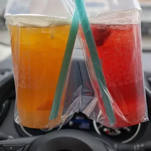 Peach tea with coconut jelly and raspberry tea with lychee jelly. Both are large.
