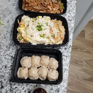 Pas Se Ewe (top), crab fried rice (middle), XLB soup dumplings (bottom)