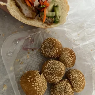 Fried shrimp bahn mi and sesame balls