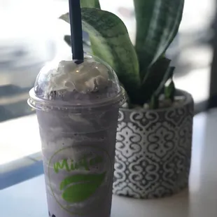 Taro boba smoothie with whipped cream!  Delish!