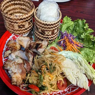 Grilled Chicken, Som Tom (Laos Style) and Sticky Rice