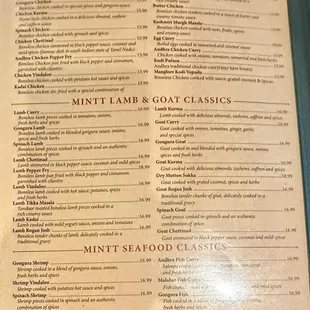 2024 menu of chicken, lamb, goat, seafood, etc.