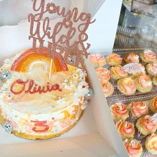 Young, Wild &amp; Three boho rainbow themed birthday cake &amp; cupcakes. Funfetti cake with allergen-free olive oil based buttercream.