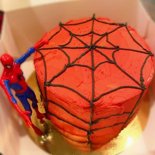 Spider-Man cake, allergen-free olive oil based vanilla buttercream with chocolate cake