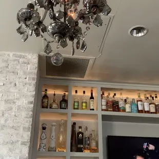 a chandelier in a bar