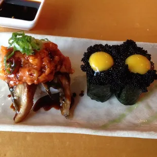 Unagi w/ spicy salmon, black tobiko w/quail egg.