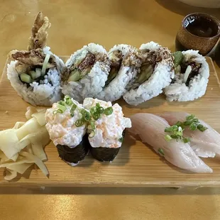 Spider Roll, Yellowtail Belly Nigiri,  Scallop (Hotate) N