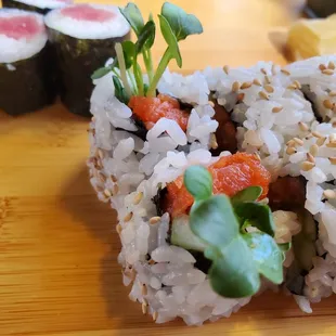 a close up of a sushi roll
