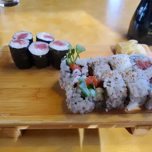 Salmon roll and spicy salmon roll. (The spicy one was better)