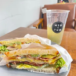 Rose city genmaicha iced tea and tba sandwich