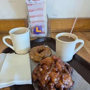 Apple fritter, maple old-fashioned, two coffees, and lotto tickets!