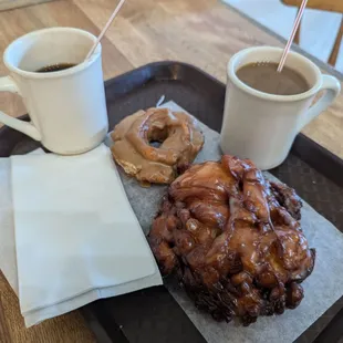Apple fritter, maple old-fashioned, and two coffees!