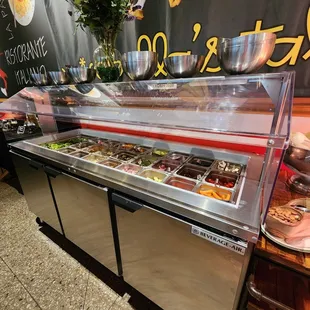 a buffet with a variety of food items