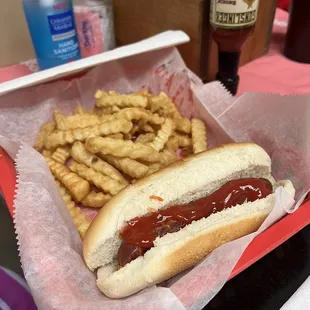 a hot dog and french fries