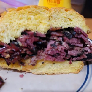 Hot Pastrami on Onion Roll