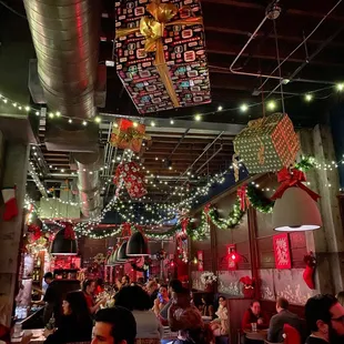 a restaurant decorated for christmas