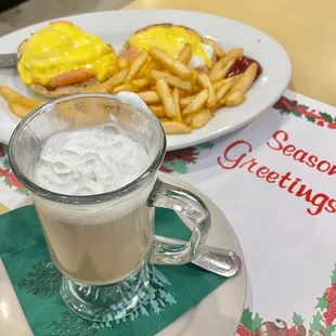 Cappuccino + eggs benedict w/ lox, yum!