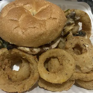 Chicken Alba Sandwich with onion rings