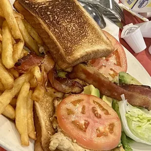 bacon, tomato, lettuce, tomato wedge, and french fries