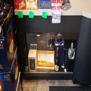 a display of liquor and liquor bottles