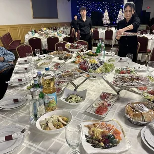 Christmas party table set up, way more food came out, more than we could eat.