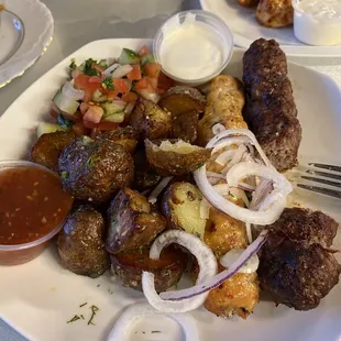 Russian potatoes with salad and Lyulya Kebab