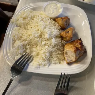 From the kids menu, chicken kebab with rice.