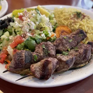 2 Pieces Lamb Kabobs, Greek Salad, seasoned rice. Amazing!