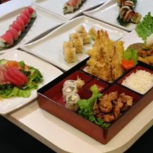 a variety of sushi dishes