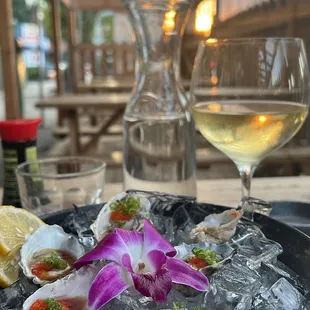 Oysters , Sauvignon blanc, sunset .