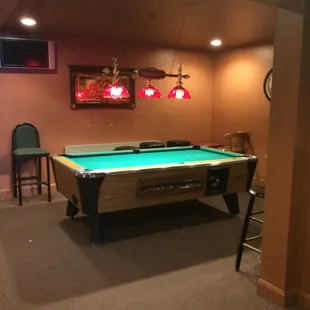 a pool table in the basement