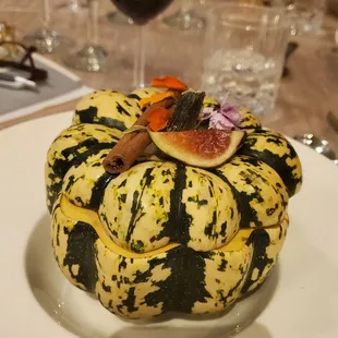 a gourmet pumpkin on a plate