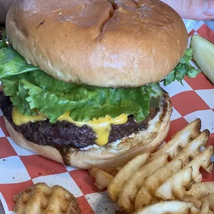 Cheeseburger and waffle fries